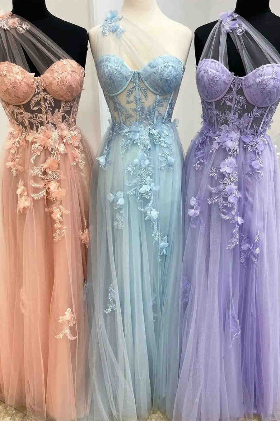 Sweetheart One Shoulder Pink Prom Dress with Flowers fg1523