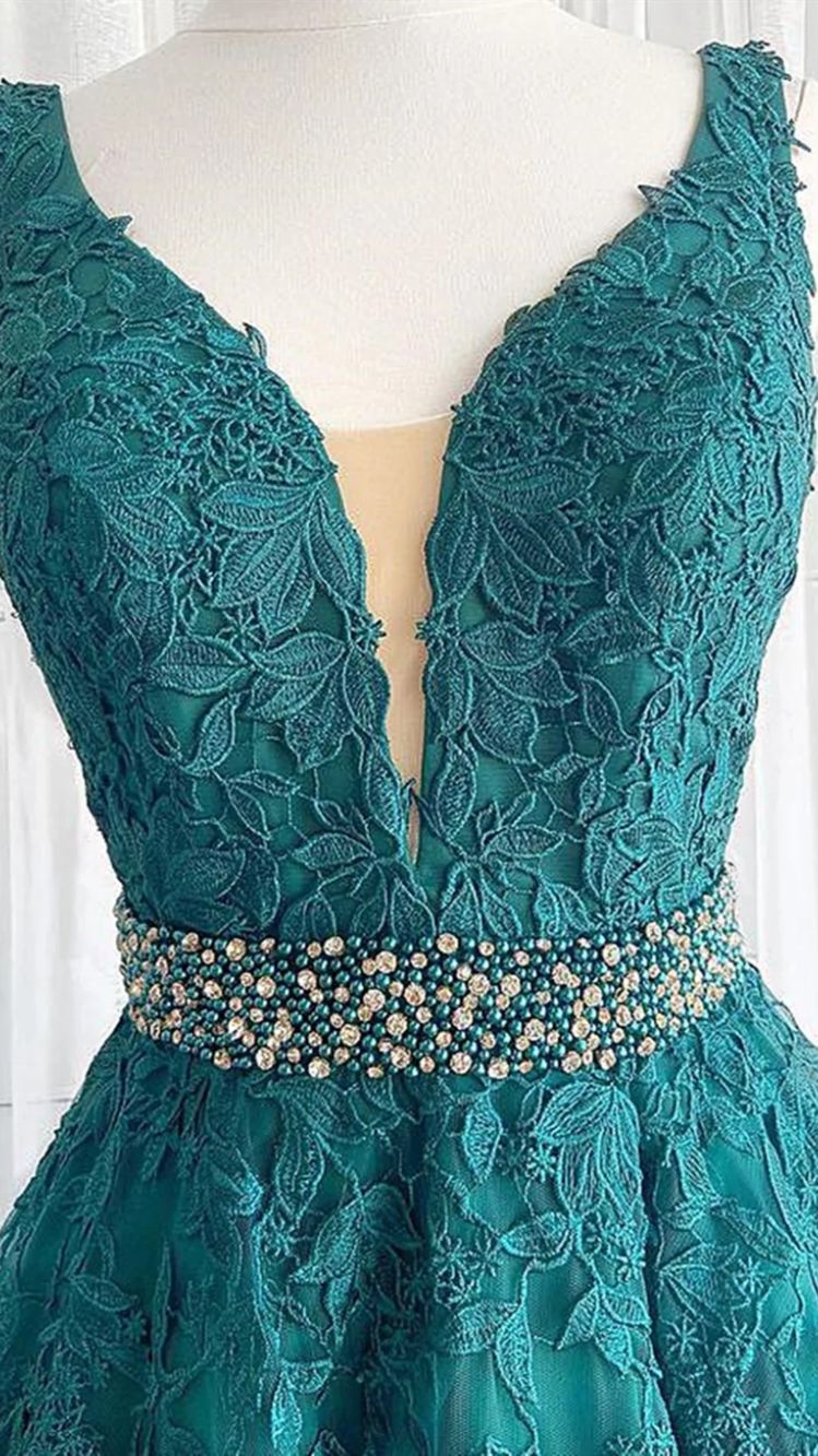 V Neck Dark Green Lace Prom Dresses, Dark Green Lace Formal Evening Dresses fg1729