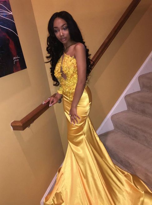 Mermaid Satin One Shoulder Lace Appliques Prom Dress fg1651