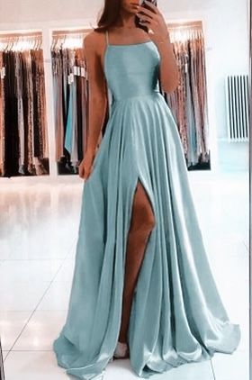 long A line teal satin prom dress evening dress fg1244