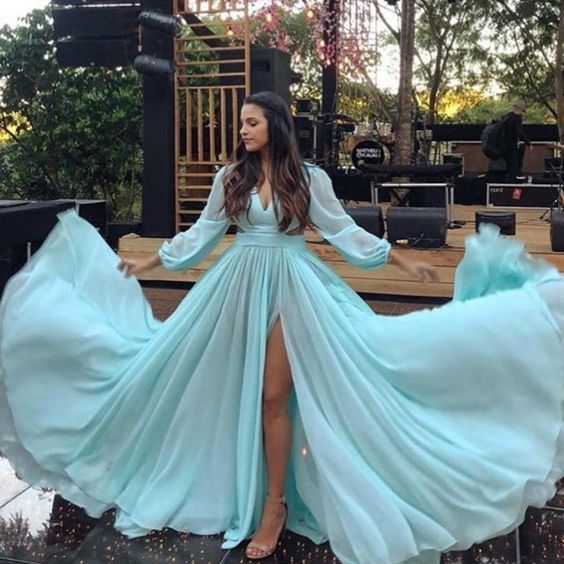 chiffon prom dresses deep v neck long sleeve front slit sexy elegant evening dress fg1545