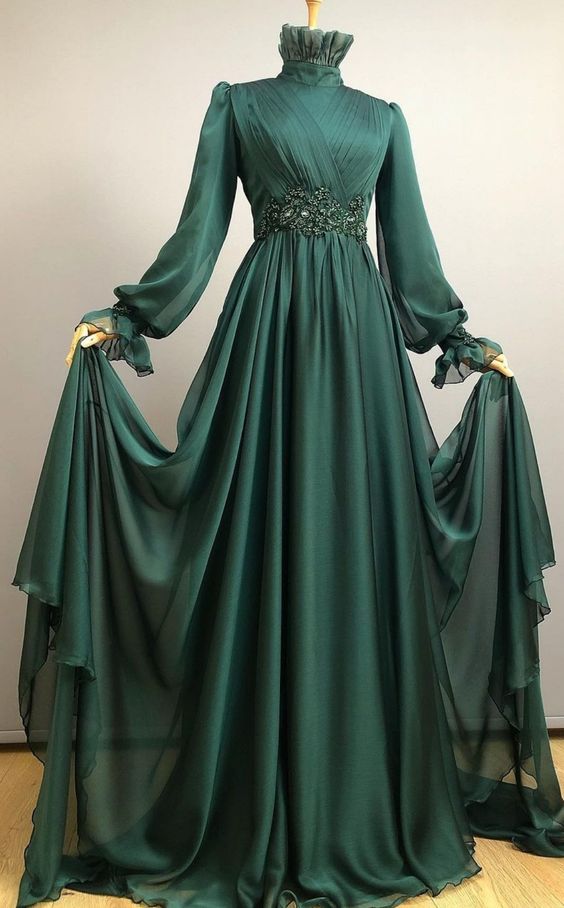 Long Appliques Full Sleeve Muslim Prom Dress High Neck Saudi Arabic A Line Evening Formal Party Gowns fg1487