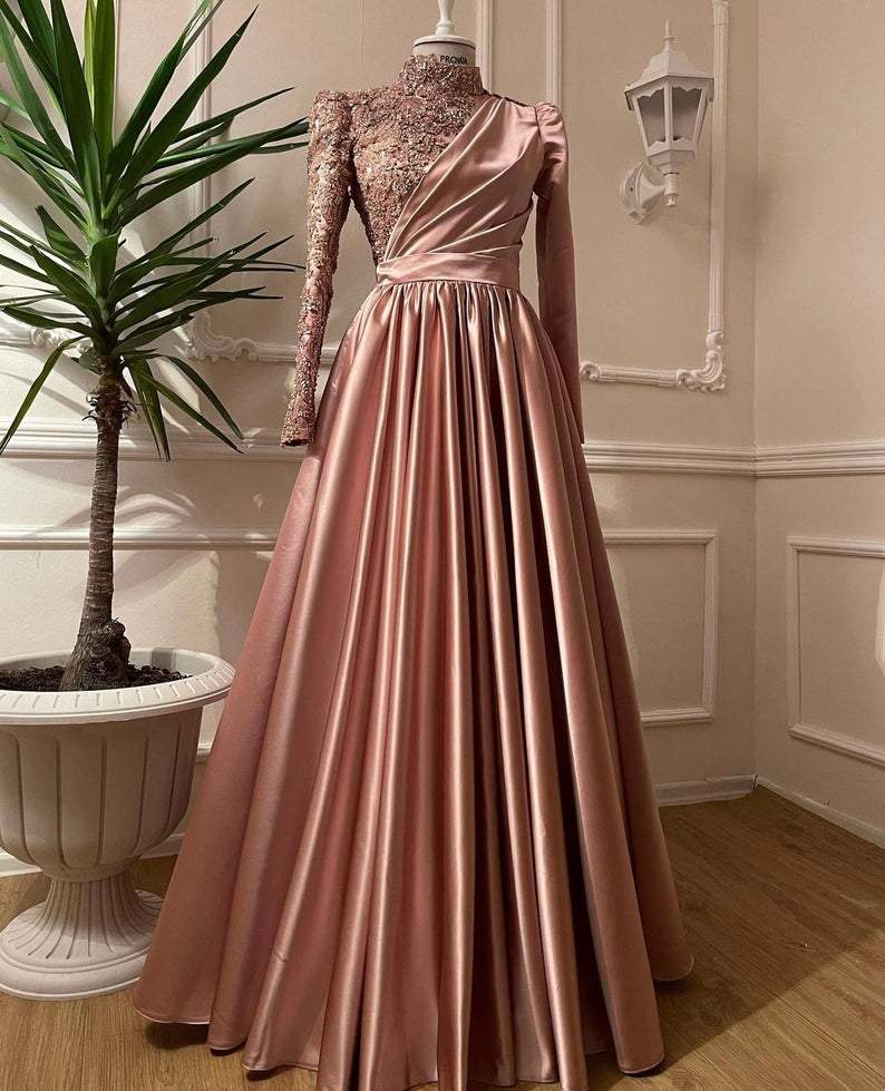 Rose Gold Prom Dress Long Sleeves Dubai Evening Dresses Muslim Women Wedding Party Gowns fg1492