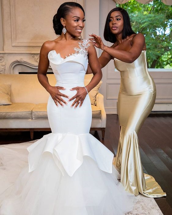One shoulder Mermaid Bridal Wears with Ruffles Train Wedding Dresses fg2593