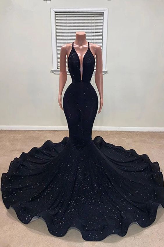 Black V-neck Spaghetti Straps Sleeveless Floor-length Mermaid Prom Dresses fg1726
