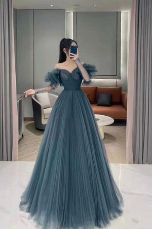 Blue tulle long prom dress A line evening dress fg2292