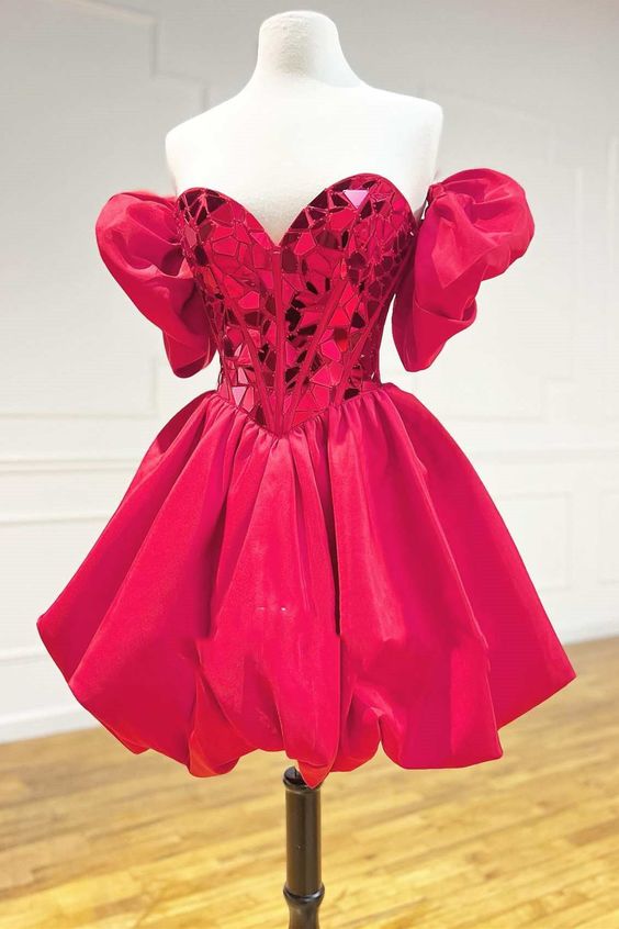 red cut glass mirror strapless a-line cocktail dress with puff sleeves short Prom Dresses fg1527