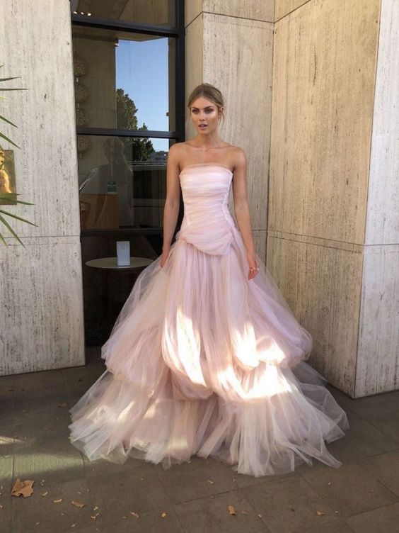 Light pink tulle long prom dress, pink tulle formal dress fg1020