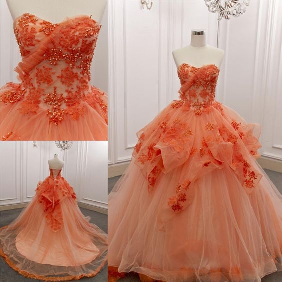 Strapless Orange Lace Tulle Ball Gown Big Train Prom Dress fg1470