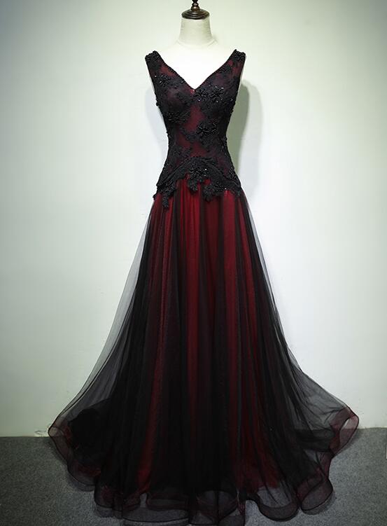 Gorgeous Black And Red V-Neckline Tulle Beaded Prom Dress, Long Evening Gown fg1880
