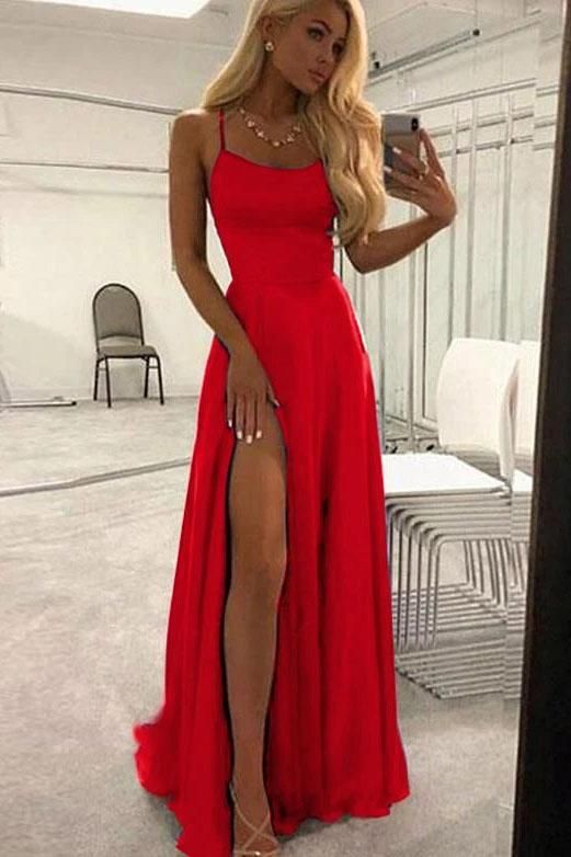 Unique A Line Red Spaghetti Straps Satin Prom Dresses, Long Cheap Evening Dresses fg2279