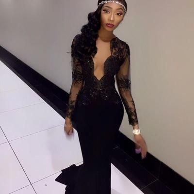 Deep V Neck Black Mermaid Prom Dresses with Appliques fg1641