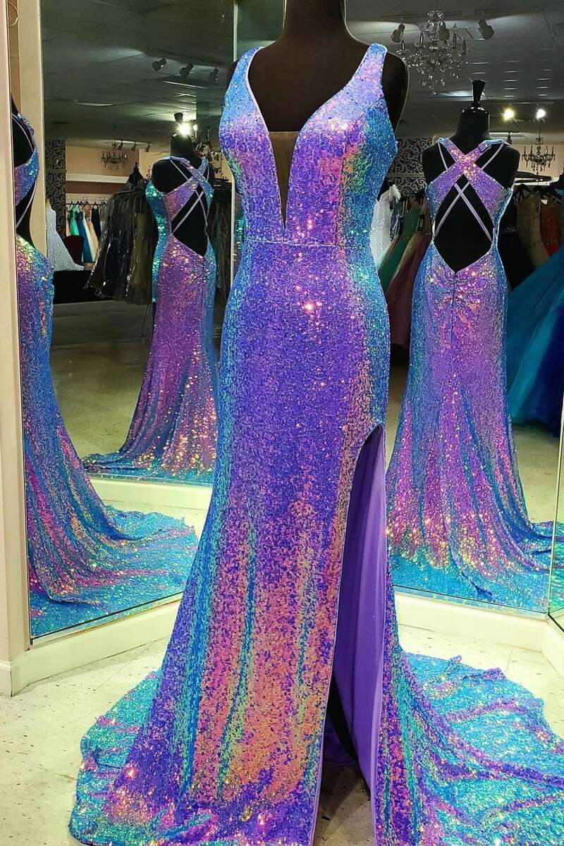 Purple Multi Sequins V-Neck Cross Back Long Formal Dress fg1460