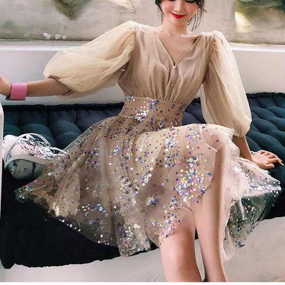 Sequin Mini Dress V-neck Puff Sleeve Party Dress Homecoming Dress fg2609