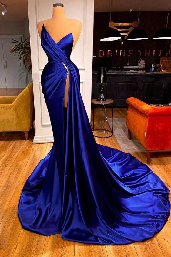 Glamorous Royal Blue Sweetheart Prom Dress Mermaid Long With Split fg1884
