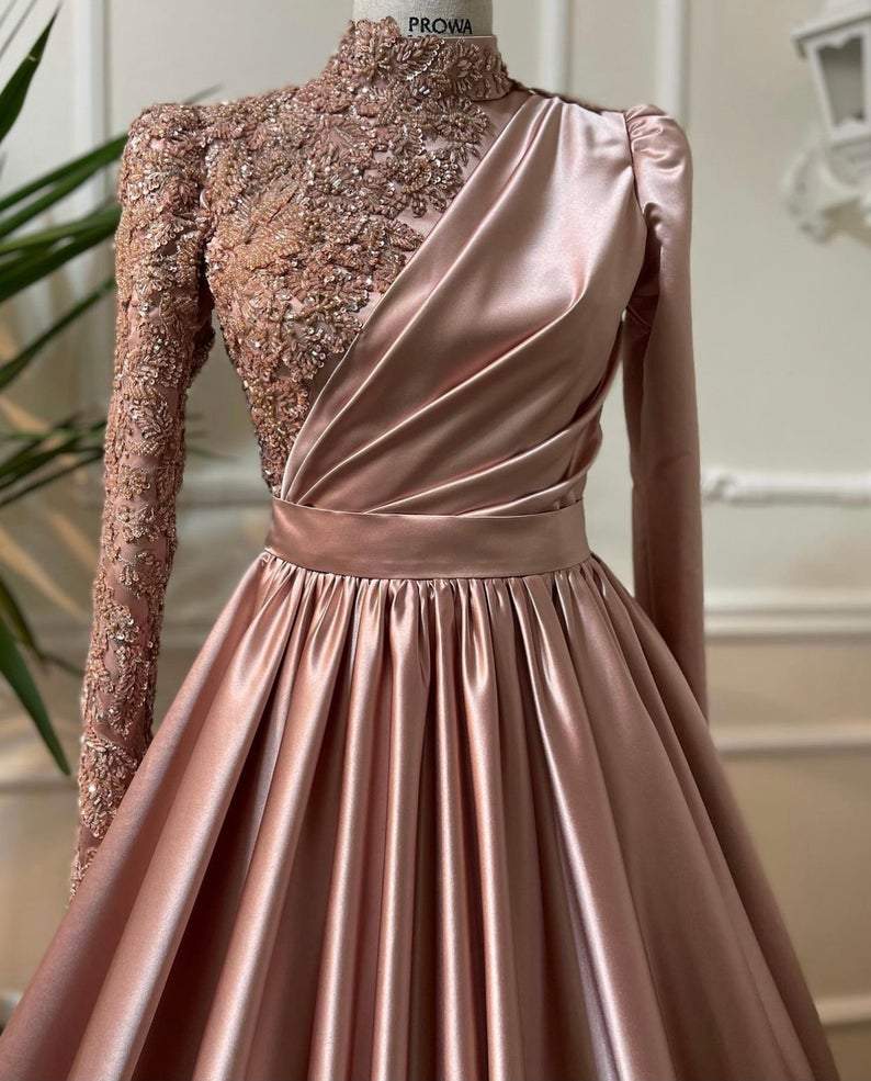Rose Gold Prom Dress Long Sleeves Dubai Evening Dresses Muslim Women Wedding Party Gowns fg1492