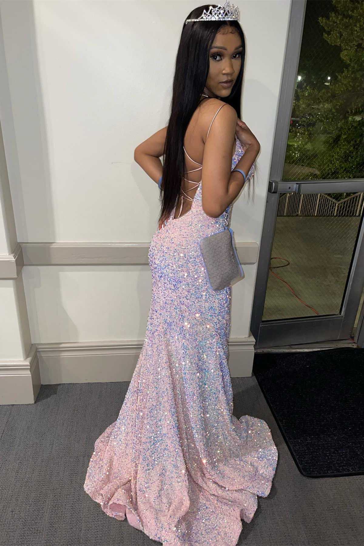 Pink Iridescent Sequin Lace-Up Mermaid Long Prom Dress fg2375