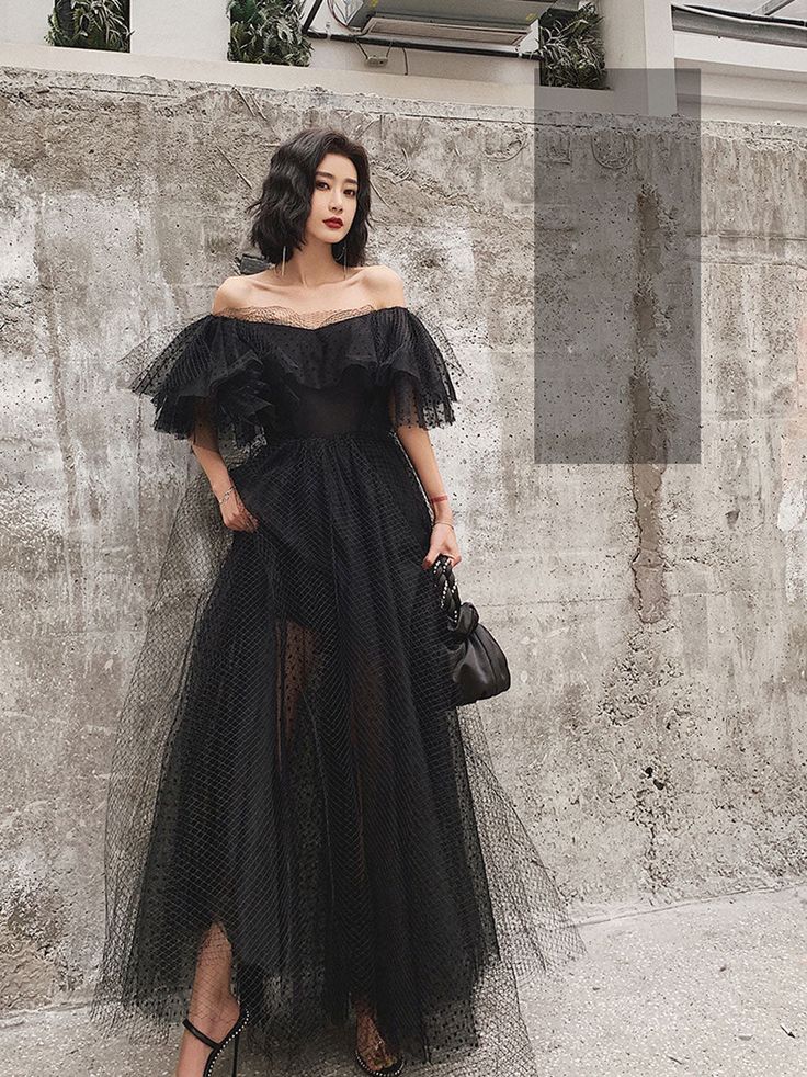 Black Tulle Long Prom Dress, Formal Dress Black Graduation Dresses fg3228