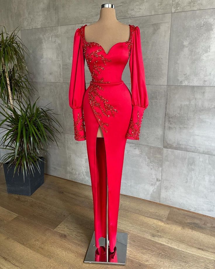 Robe de bal rouge à manches longues fg3317