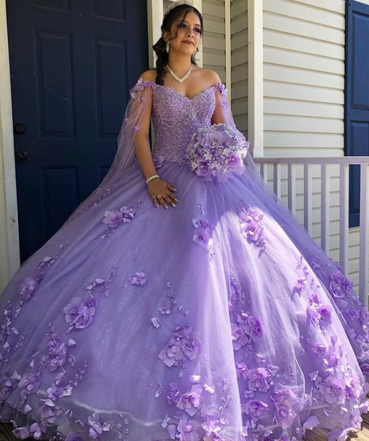 Handmade Flower Princess Ball Gown Quinceańera Dress With Cape Off The Shoulder Lace Vestido De 15 Anos Sweet 16 Dress fg1001