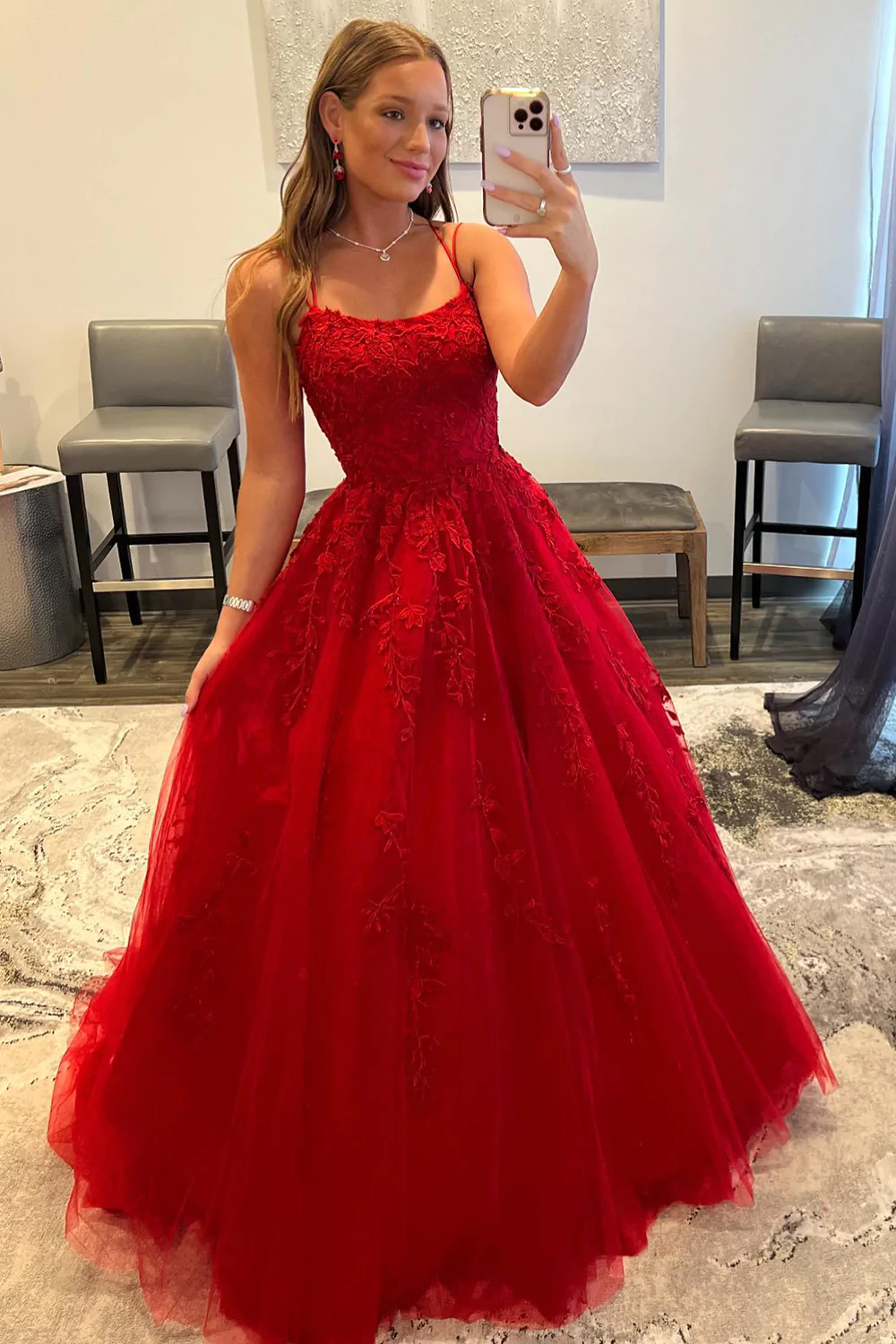 Red Spaghetti Straps Long Prom Dress with Appliques fg2376