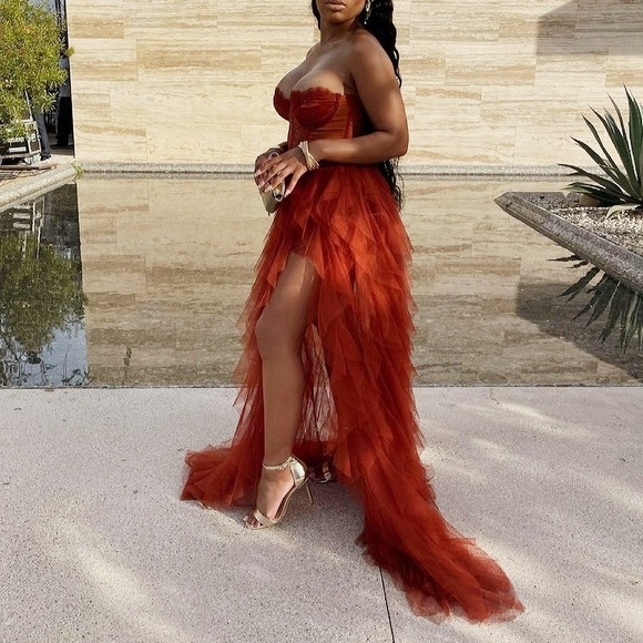 Gorgeous Sweetheart Rust Tiered Long Formal Dress with Slit fg2555