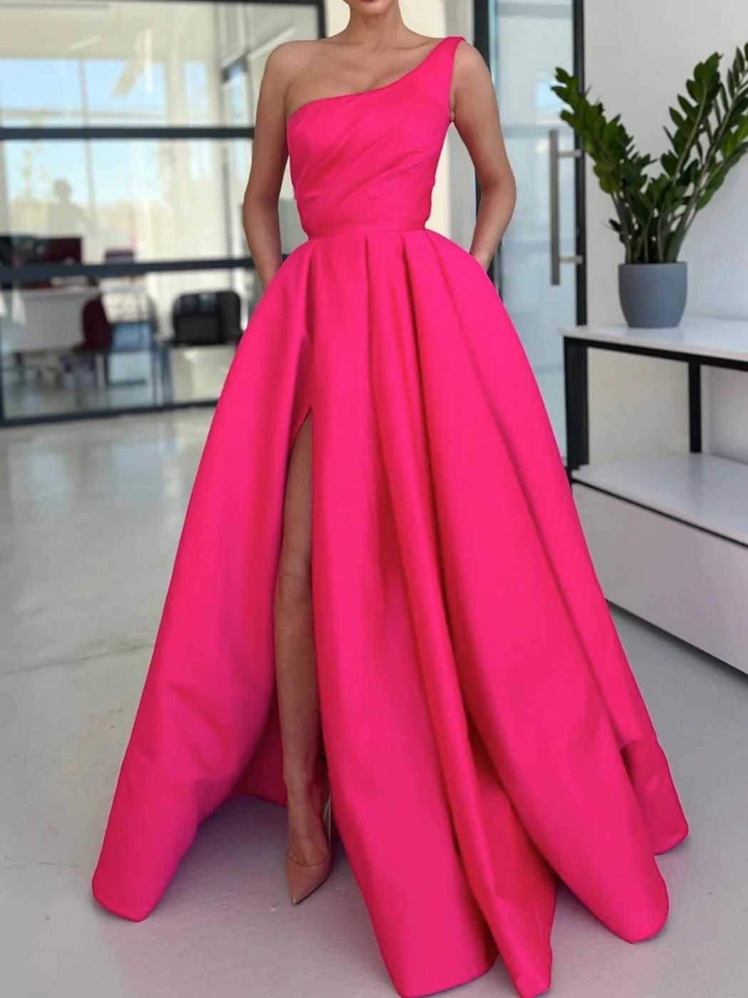 Simple One Shoulder Satin Pink Long Prom Dress, Pink Formal Evening Dress fg2374