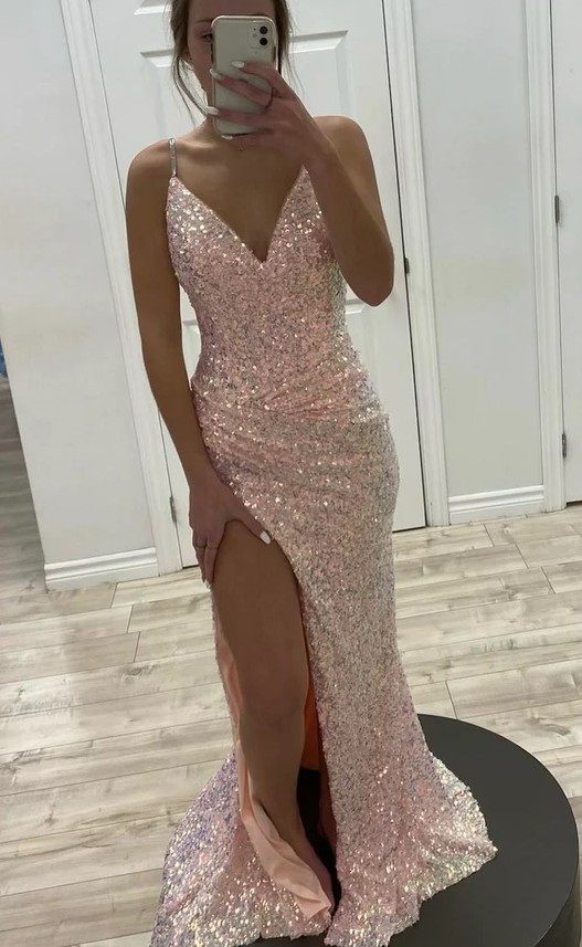 Pink sequins long prom dress mermaid evening dress fg1251