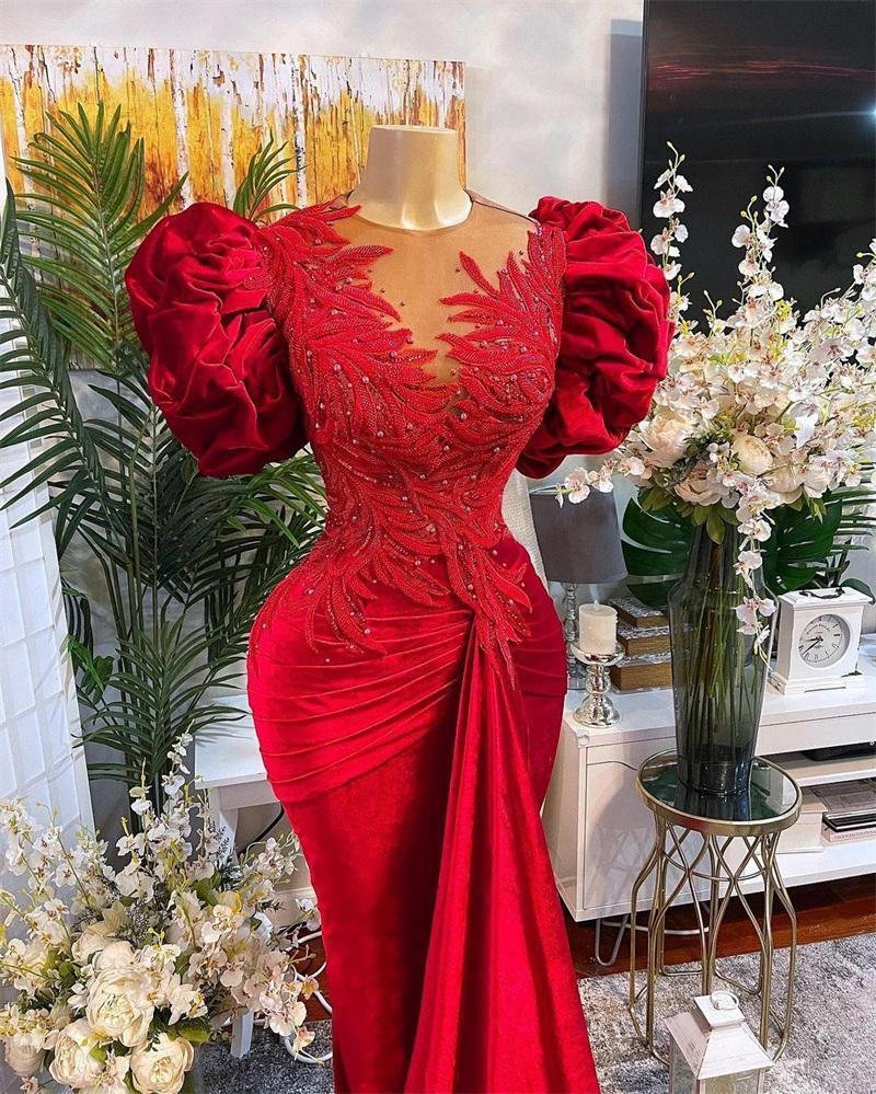Luxury Red Mermaid Prom Dresses Lace Beaded Sheer Neck Velvet Evening Dress Formal Party Wear fg1847