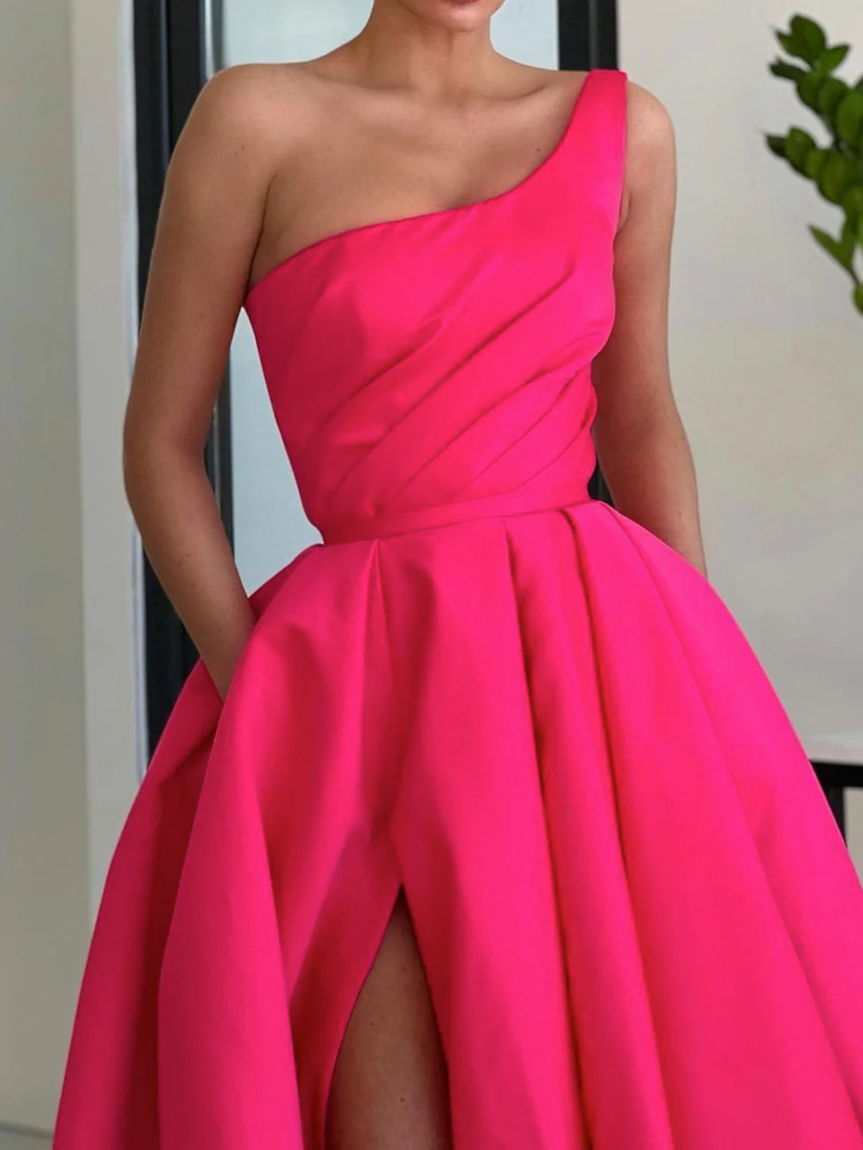 Simple One Shoulder Satin Pink Long Prom Dress, Pink Formal Evening Dress fg2374