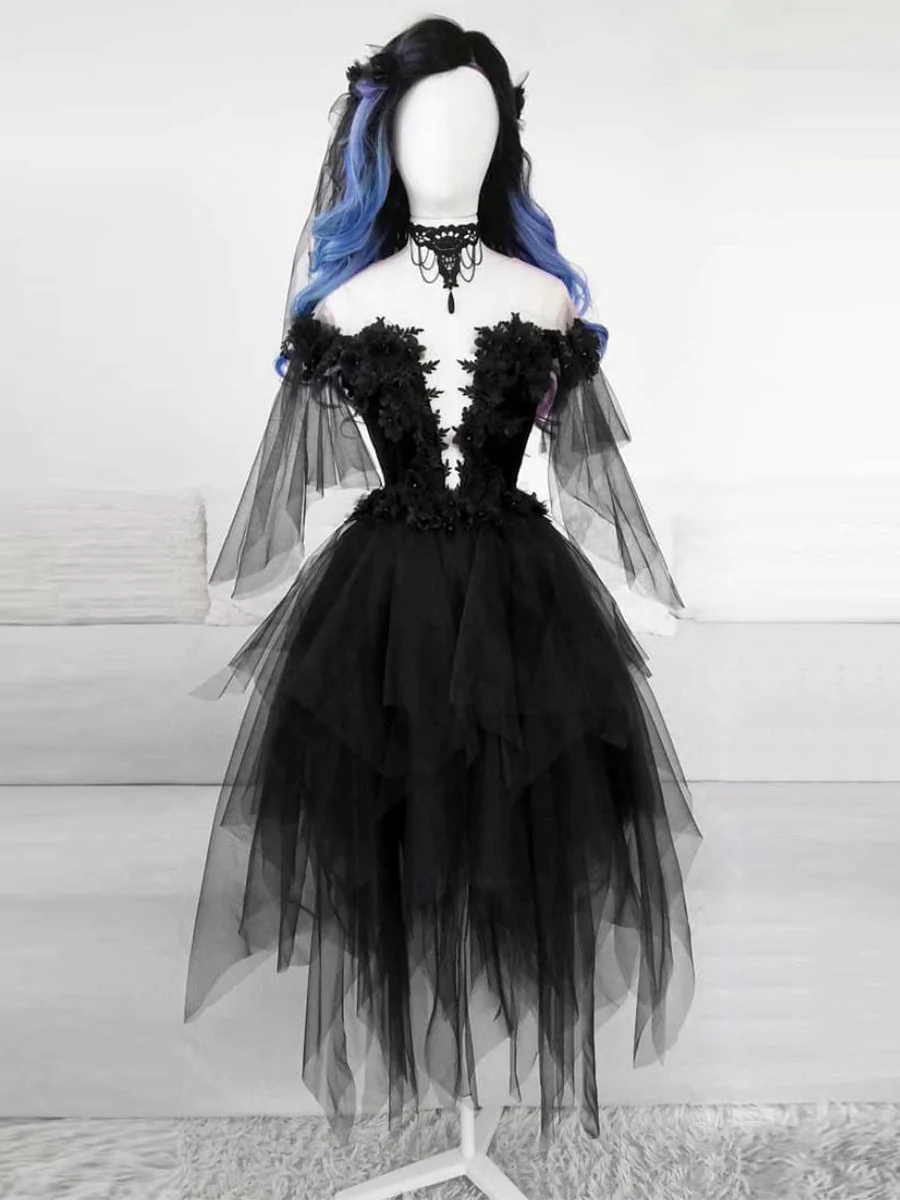 Black tulle lace short prom dress black lace cocktail dress fg1882