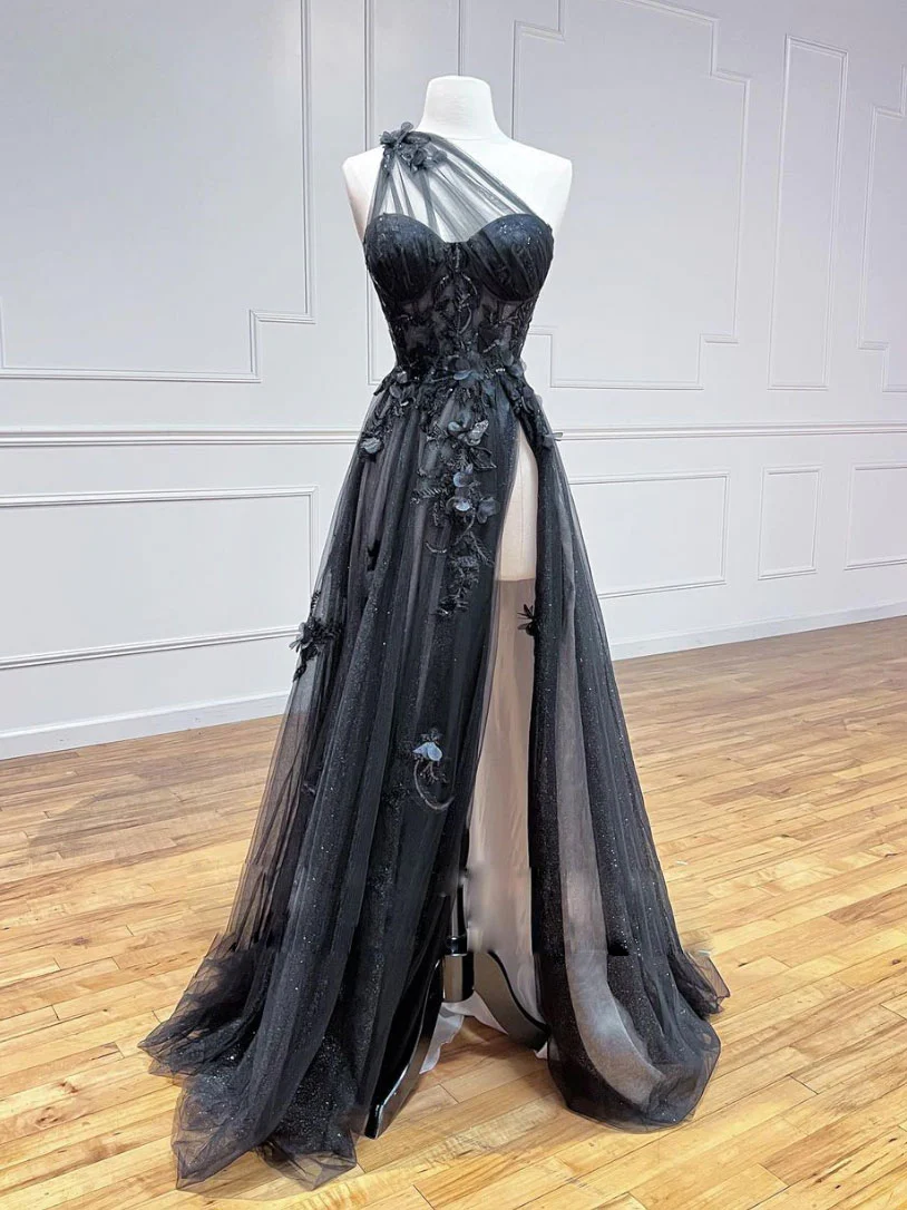 A-Line Black Tulle Lace Long Prom Dress, Black Formal Graduation Dress fg2232