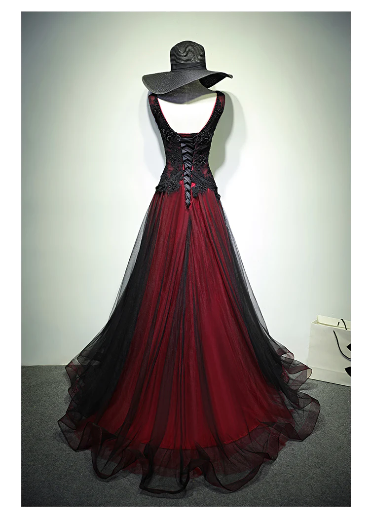 Gorgeous Black And Red V-Neckline Tulle Beaded Prom Dress, Long Evening Gown fg1880