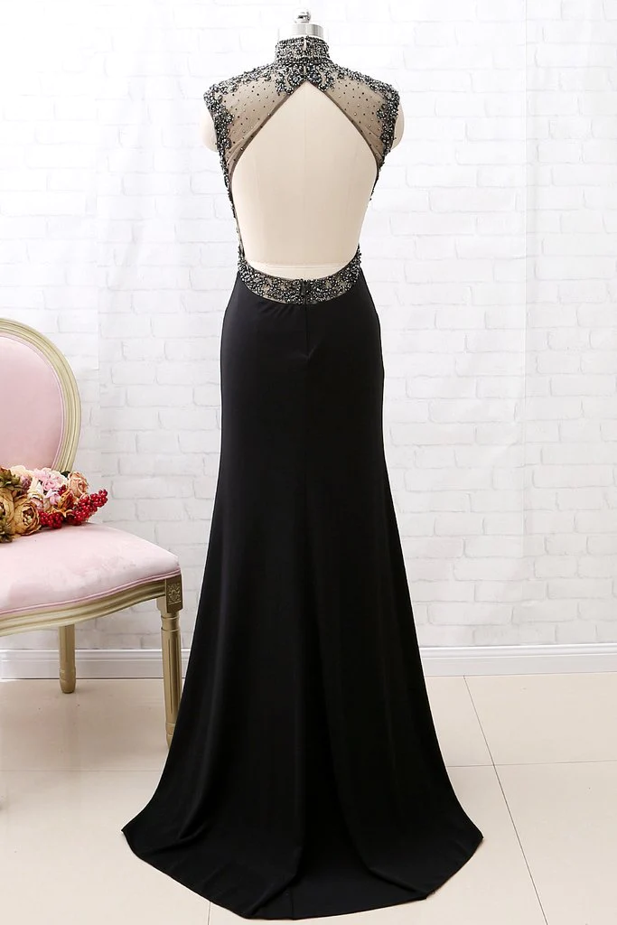 Mermaid High Neck Beaded Black Formal Evening prom Gown with Slit fg1850