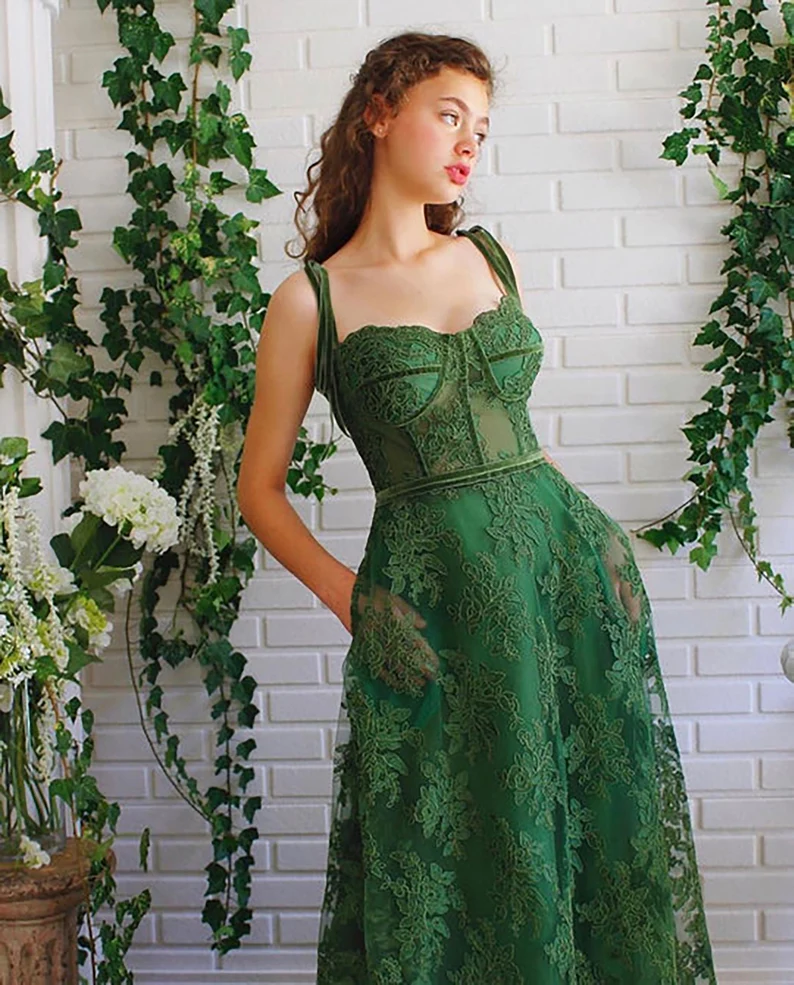Dark Green Lace Prom Gown,A line Long Green Lace Fairy Prom Dress,Sweetheart Tied Straps Ball Gown Prom Dress, Lace Homecoming/Party Dress fg2247