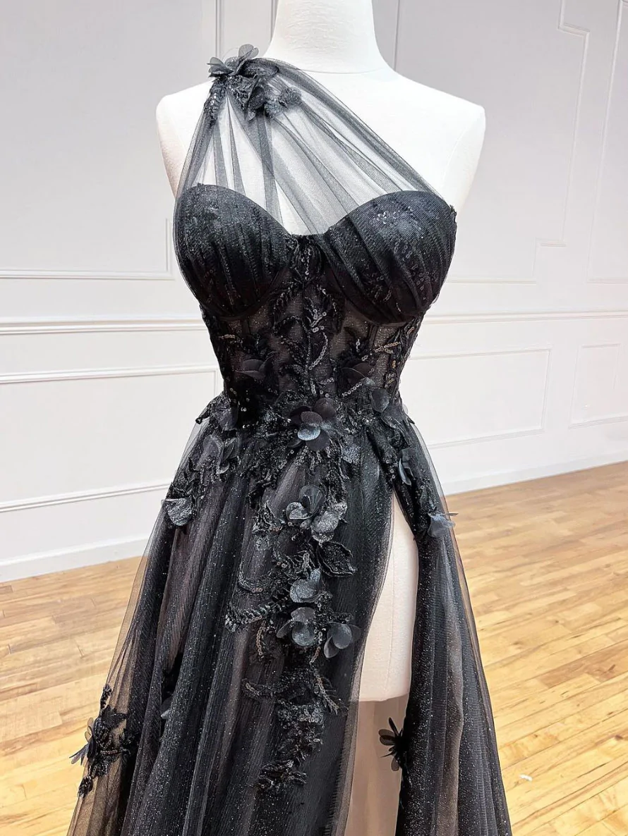 A-Line Black Tulle Lace Long Prom Dress, Black Formal Graduation Dress fg2232
