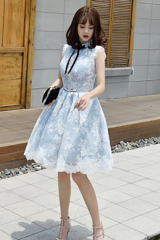 Light Sky Blue Homecoming Dress With Lace Appliques, Cute Short Formal Dress fg2544