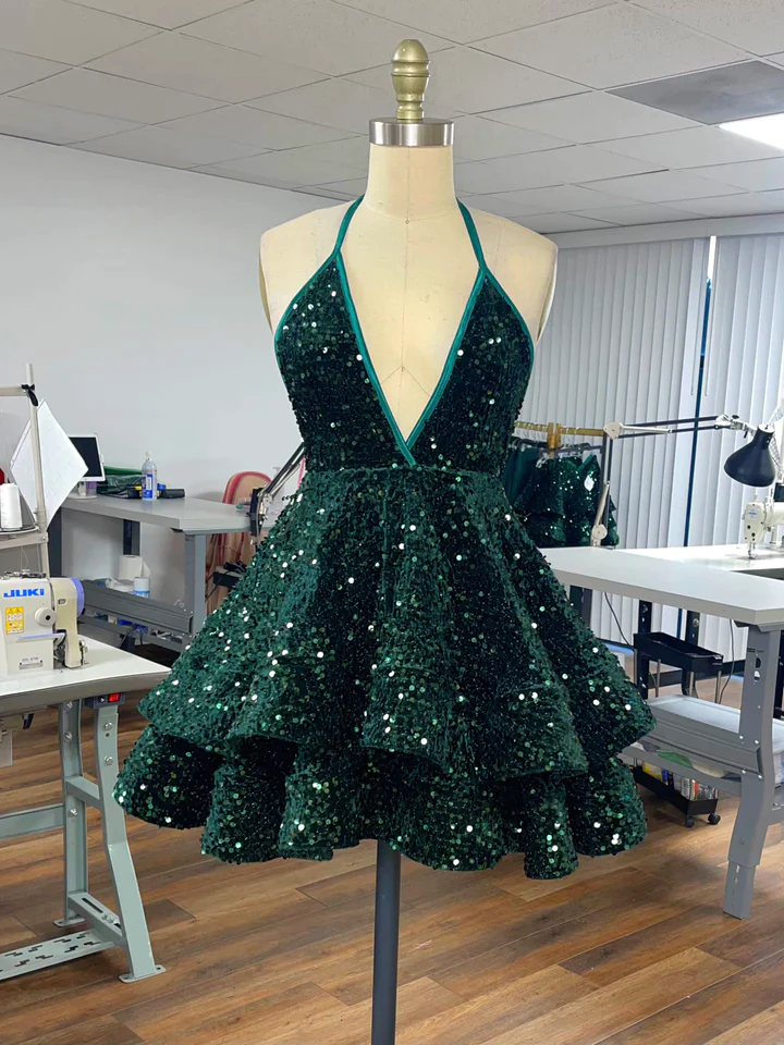Sequin Party Dress V Neck Ruffle Mini Dress Custom Back to School Dress Homecoming Dresses fg2431