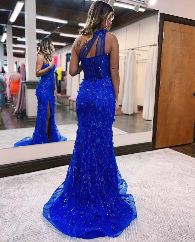 Charming Mermaid One Shoulder Royal Blue Lace Prom Dresses with Slit fg2355