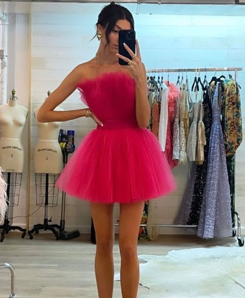 Cute Hot Pink Tulle Mini homecoming dress fg1256