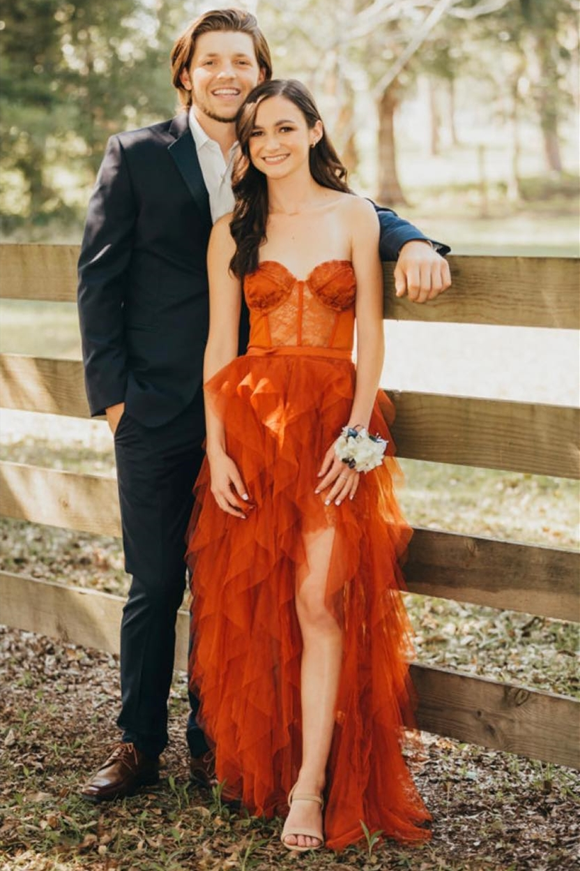 Gorgeous Sweetheart Rust Tiered Long Formal Dress with Slit fg2555