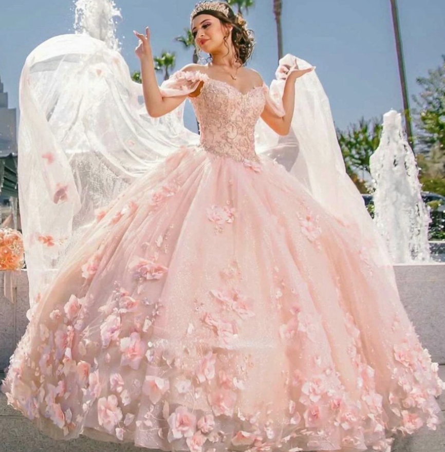 Handmade Flower Princess Ball Gown Quinceańera Dress With Cape Off The Shoulder Lace Vestido De 15 Anos Sweet 16 Dress fg1001