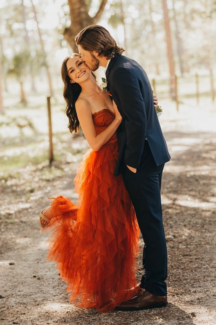 Gorgeous Sweetheart Rust Tiered Long Formal Dress with Slit fg2555