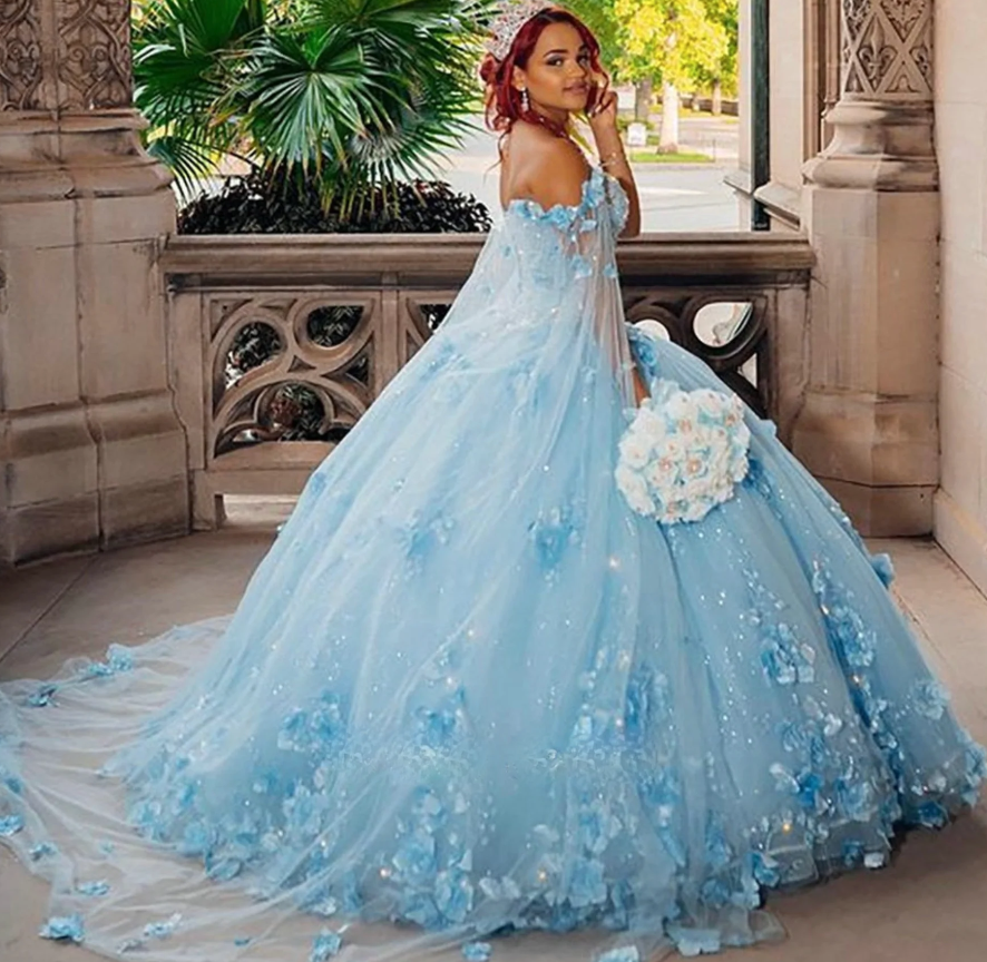 Handmade Flower Princess Ball Gown Quinceańera Dress With Cape Off The Shoulder Lace Vestido De 15 Anos Sweet 16 Dress fg1001
