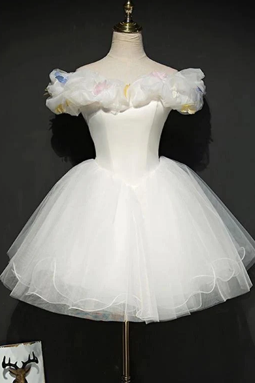 Ivory Off The Shoulder Princess Tulle Homecoming Dress, Mini Puffy Sweet 16 Dress fg1071