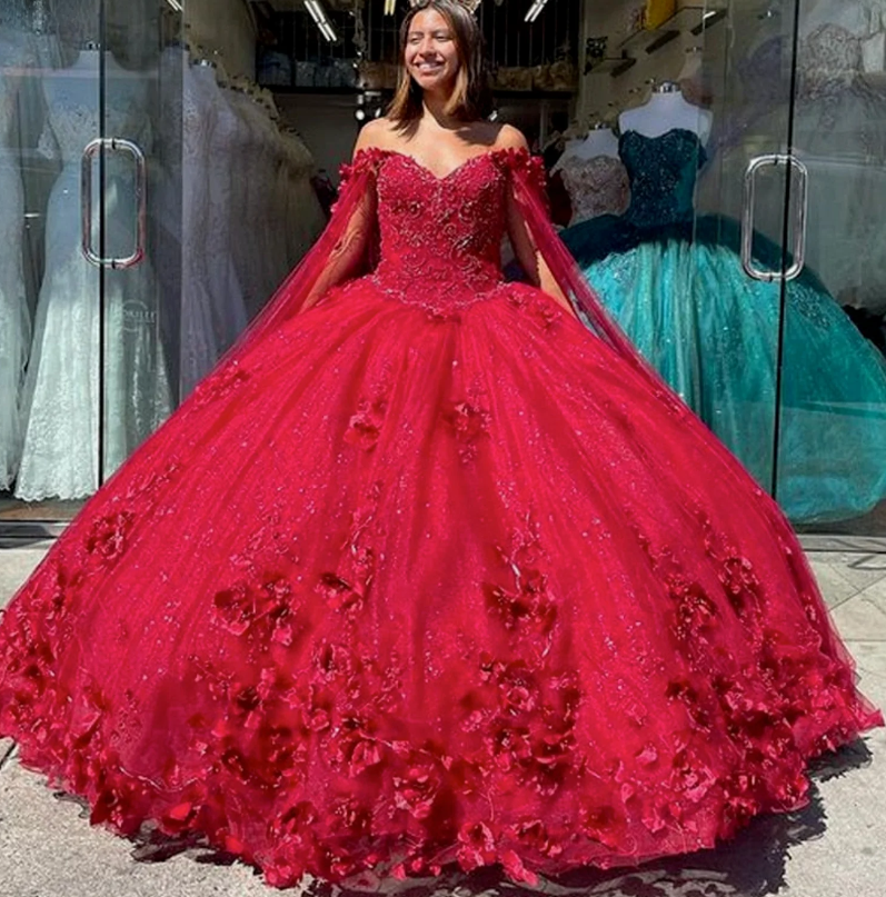 Handmade Flower Princess Ball Gown Quinceańera Dress With Cape Off The Shoulder Lace Vestido De 15 Anos Sweet 16 Dress fg1001