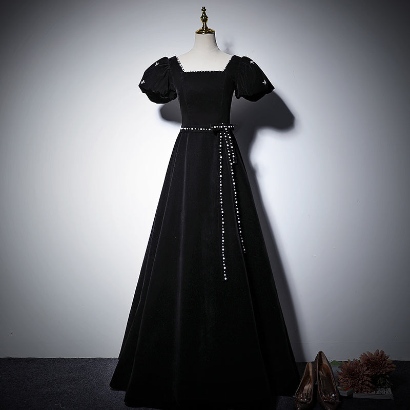 evening dress spring black puff sleeve long birthday dress prom dress fg132