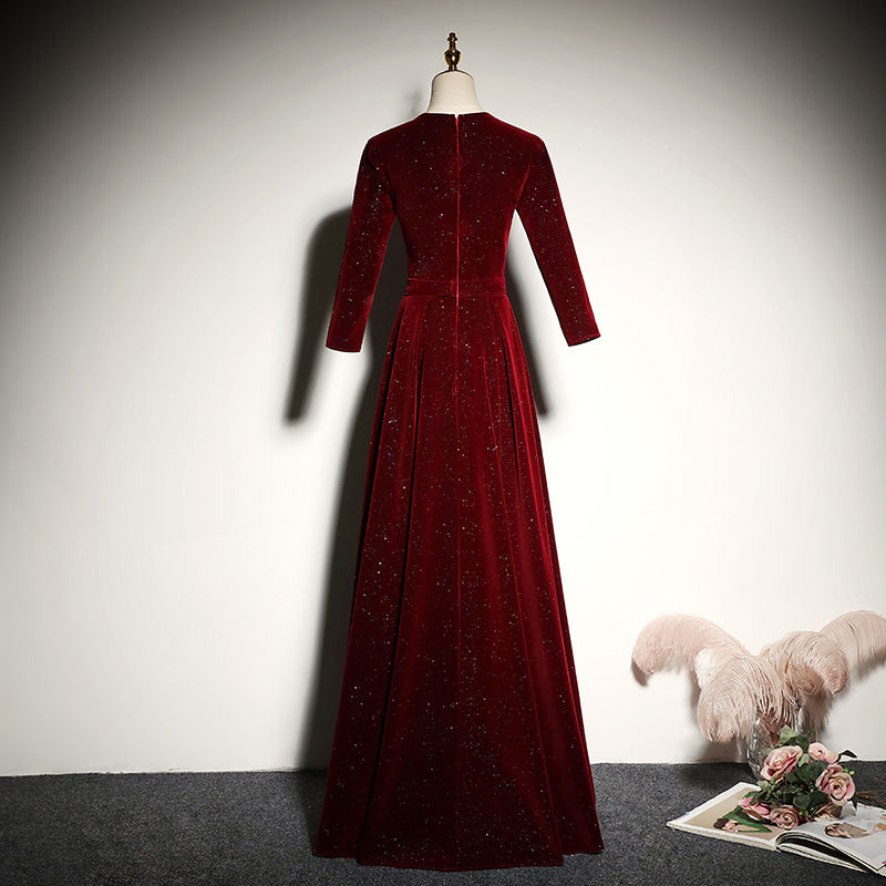 Red velvet evening dress new long-sleeved prom dress fg183