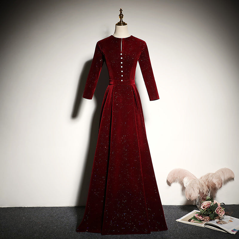 Red velvet evening dress new long-sleeved prom dress fg183