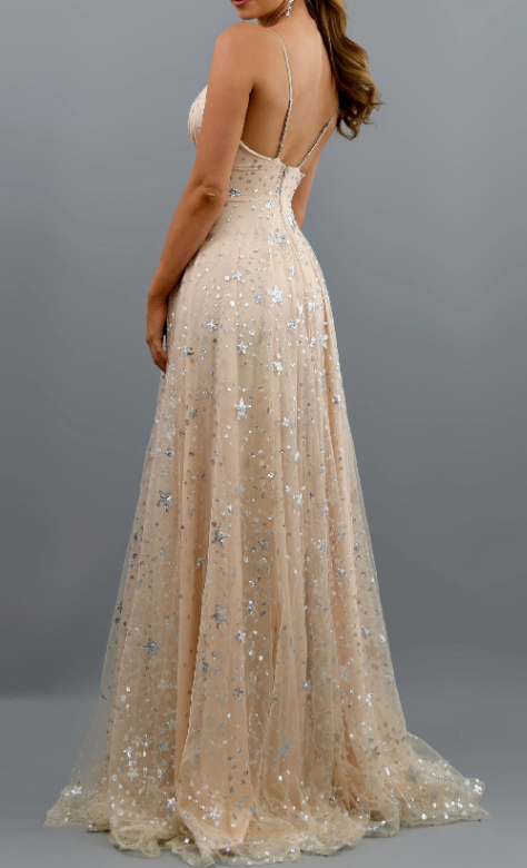 Apricot sexy deep V suspender dress Tulle Prom Dress With Split fg291